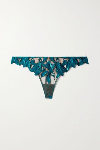 Fleur Du Mal + Lily Velvet-Trimmed Embroidered Stretch-Tulle Thong