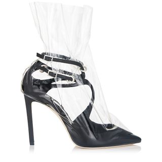 Off-White c/o Jimmy Choo + Black Satin Pointy Toe Pumps with Ruched TPU
