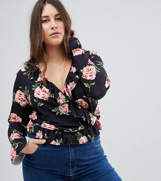 ASOS Curve + Ruffle Wrap Top in Floral