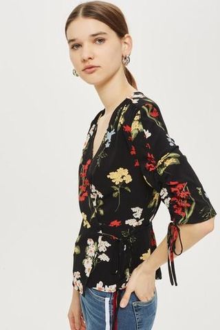 Topshop + Floral Ruched Sleeve Wrap Blouse