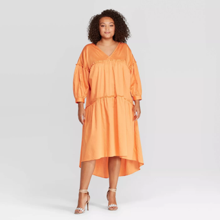 Who What Wear + Long Sleeve V-Neck Tiered Tent Midi Dress