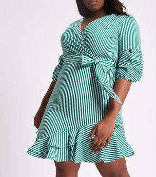 River Island Plus + Green Stripe Wrap Puff Sleeve Dress