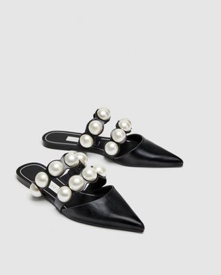 Zara + Flat Mules With Pearl Bead Details