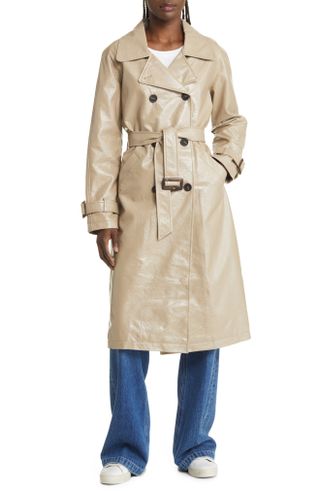 Apparis + Double Breasted Faux Leather Trench Coat