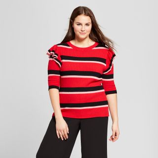 Who What Wear + Striped 3/4 Sleeve Shoulder Frill Crew
