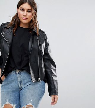 ASOS Curve + Leather Jacket With Ring Pull Details