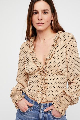 Free People + Smell The Roses Dot Top in Tan