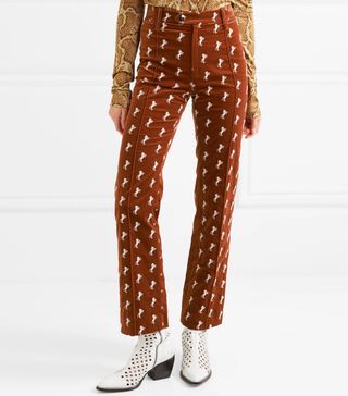 Chloé + Embroidered Cotton-Blend Velvet Straight-Leg Pants