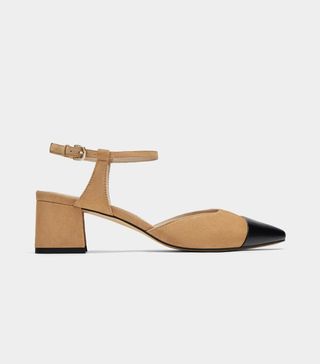Zara + Combined Mid-Heel Leather Slingback Shoes