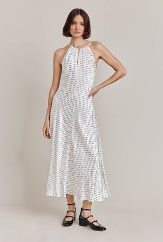 Ghost + Alena White Spot Satin Midi Dress