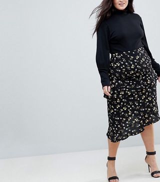 Fashion Union Plus + Midi Skirt With Asymmetric Tiered Ruffles in Daisy Floral