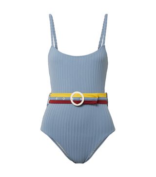 Solid & Striped + The Nina Belted Ribbed Stretch-Knit Swimsuit