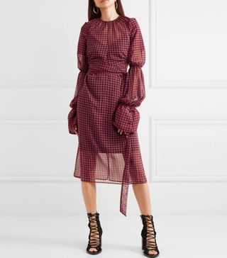 Rokh + Gathered Cutout Printed Chiffon Midi Dress