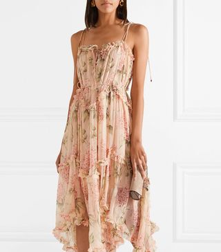 Zimmermann + Prima Asymmetric Ruffled Floral-Print Silk-Georgette Midi Dress