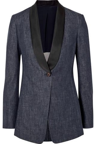 Brunello Cucinelli + Satin-Trimmed Denim Blazer