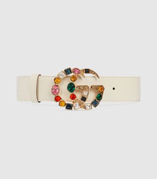 Gucci + Leather Belt With Crystal Double G Buckle