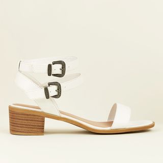 New Look + Wide Fit White Leather-Look Western Buckle Sandals