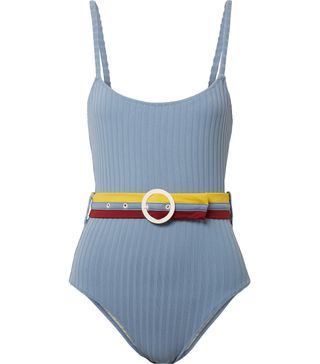 Solid & Striped + The Nina Belted Ribbed Stretch-Knit Swimsuit