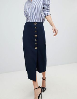 ASOS Design + Side Button Pencil Skirt With Asymmetric Hem