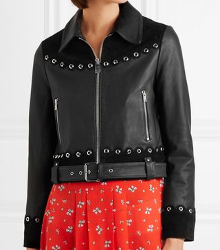 Maje + Embellished Suede-Trimmed Leather Jacket