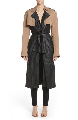 Alexander Wang + Tie Front Leather & Twill Trench Coat