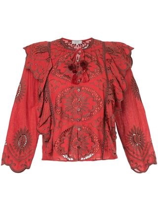 Sea + Embroidered Blouse with Frill Trim