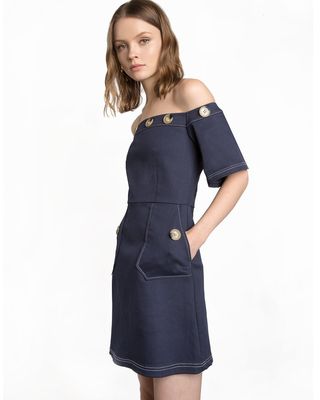 Pixie Market + Leah Navy Button Off The Shoulder Dress