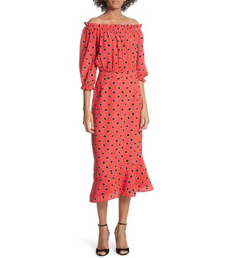 Saloni + Grace Print Silk Off-the-Shoulder Dress
