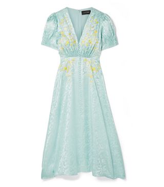Saloni + Lea Embroidered Silk-Satin Jacquard Midi Dress