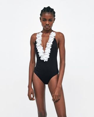 Zara + Halterneck Swimsuit With Floral Detail