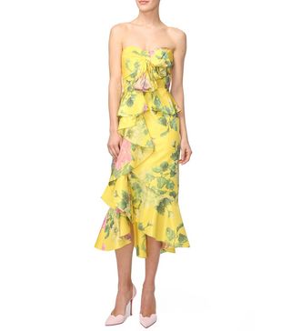 Marchesa + Floral Printed Strapless Dress