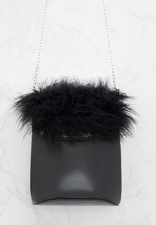 Pretty Little Thing + Black Feather Trim Bucket Bag