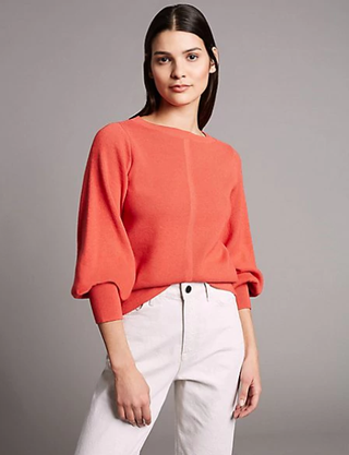 Marks and Spencer + Wool Blend Textured Bell Sleeve Jumper in Flame