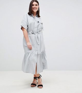 Asos Curve + Linen Maxi Shirt Dress With Belt Detail And Pep Hem