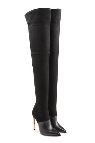Balmain + Thigh-High Stiletto Boots in Leather and Suede