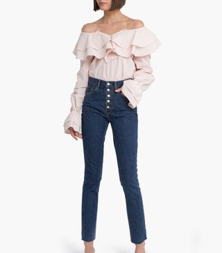 Pixie Market + Pink Ruffled Off the Shoulder Shirt