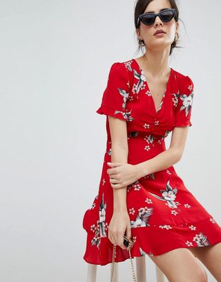 Oasis + Floral Print Ruched Front Tea Dress
