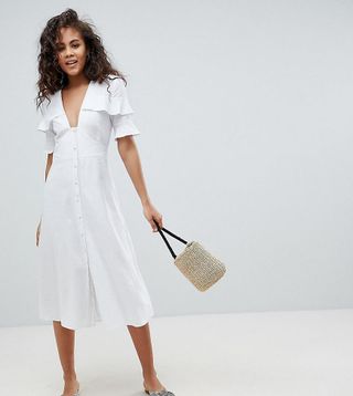 ASOS Design Tall + Plunge Button Through Casual Midi Tea Dress