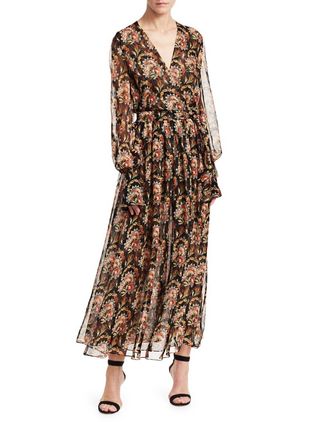 Oscar de la Renta + Floral Silk Long-Sleeve Wrap Dress