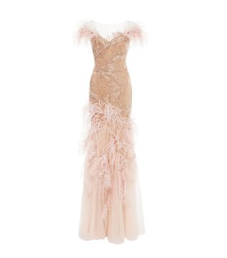 Marchesa + Off-the-Shoulder Feather Gown