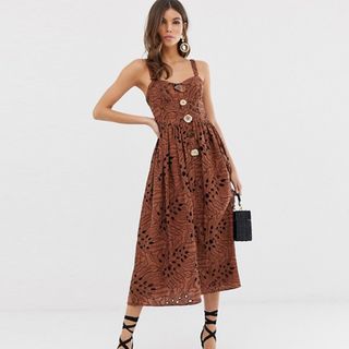 ASOS + Cami Midi Dress in Palm Broderie With Contrast Stitching
