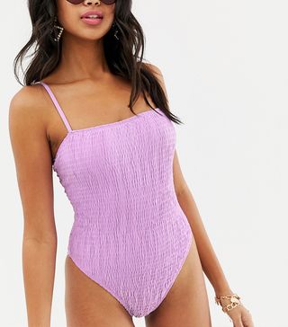 Missguided + Crinkle Swimsuit With Square Neck in Lilac
