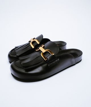 Zara + Buckled Fringed Leather Clogs