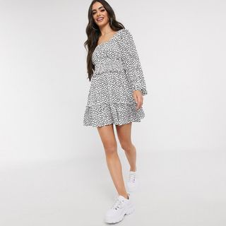 Missguided + Shirred Waist Shift Dress in Ditsy Floral Print