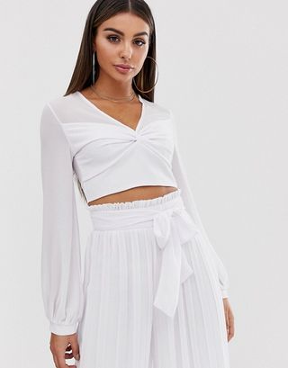 TFNC + Knot Front Long Sleeve Wrap Two-Piece Crop Top in White