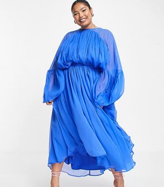 Asos Edition + Curve Gathered Neck Midi Dress in Bright Blue