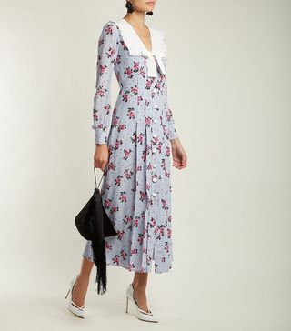 Alessandra Rich + Rose-Print Frill-Trimmed Silk Dress
