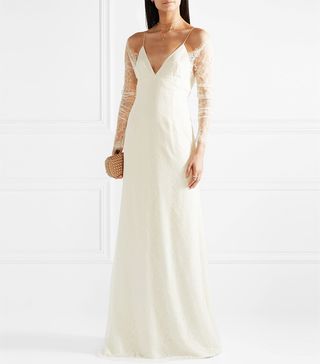 Danielle Frankel + Cold-Shoulder Chantilly Lace and Chiffon Gown