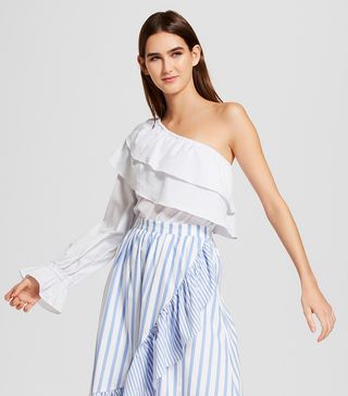 Who What Wear + Striped Long Ruffle Sleeve One Shoulder Top