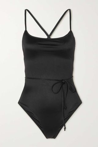 Good American + Vacay Belted Stretch-Satin Swimsuit